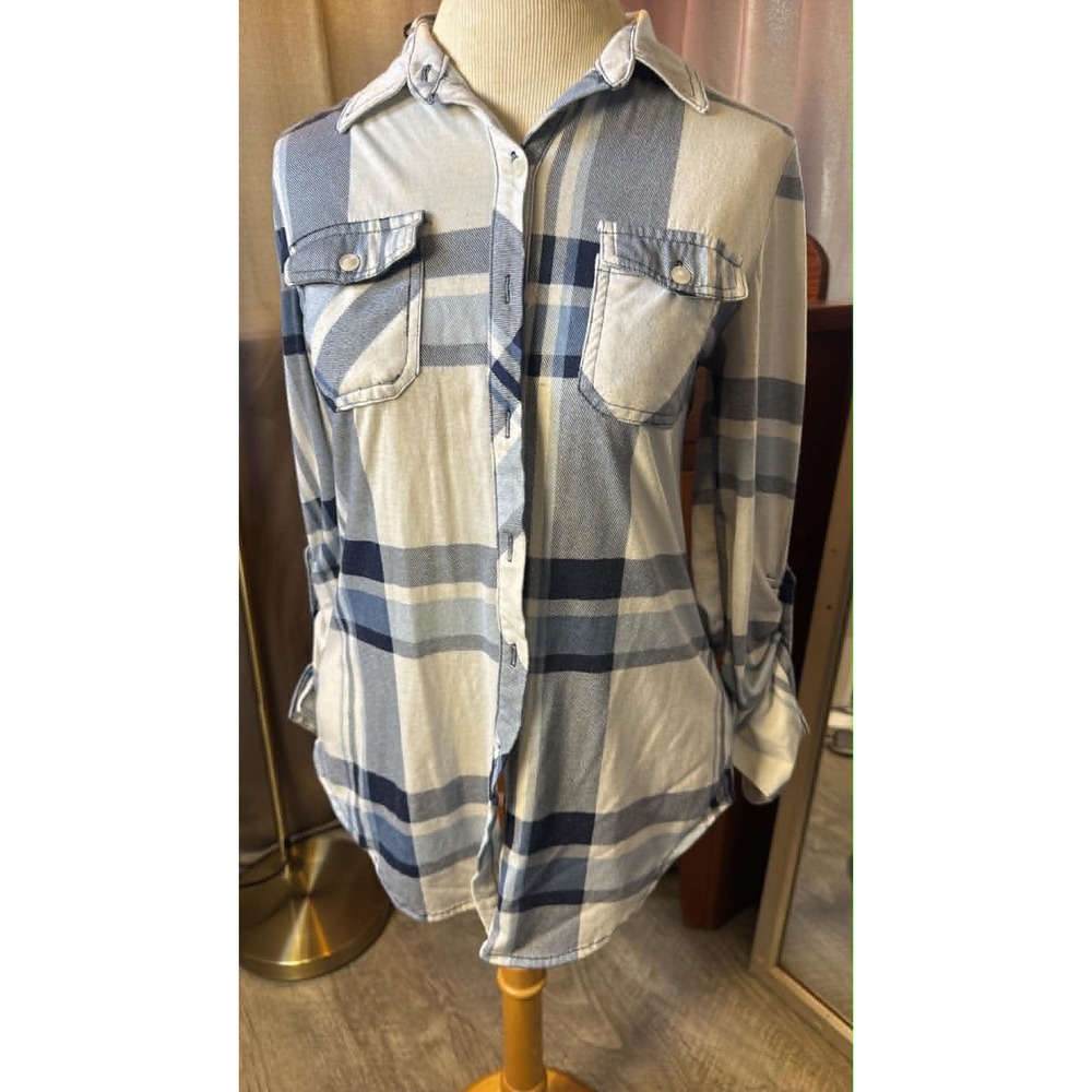 Passport Womens Blue White Plaid Button Down Roll Tab Sleeve Shirt